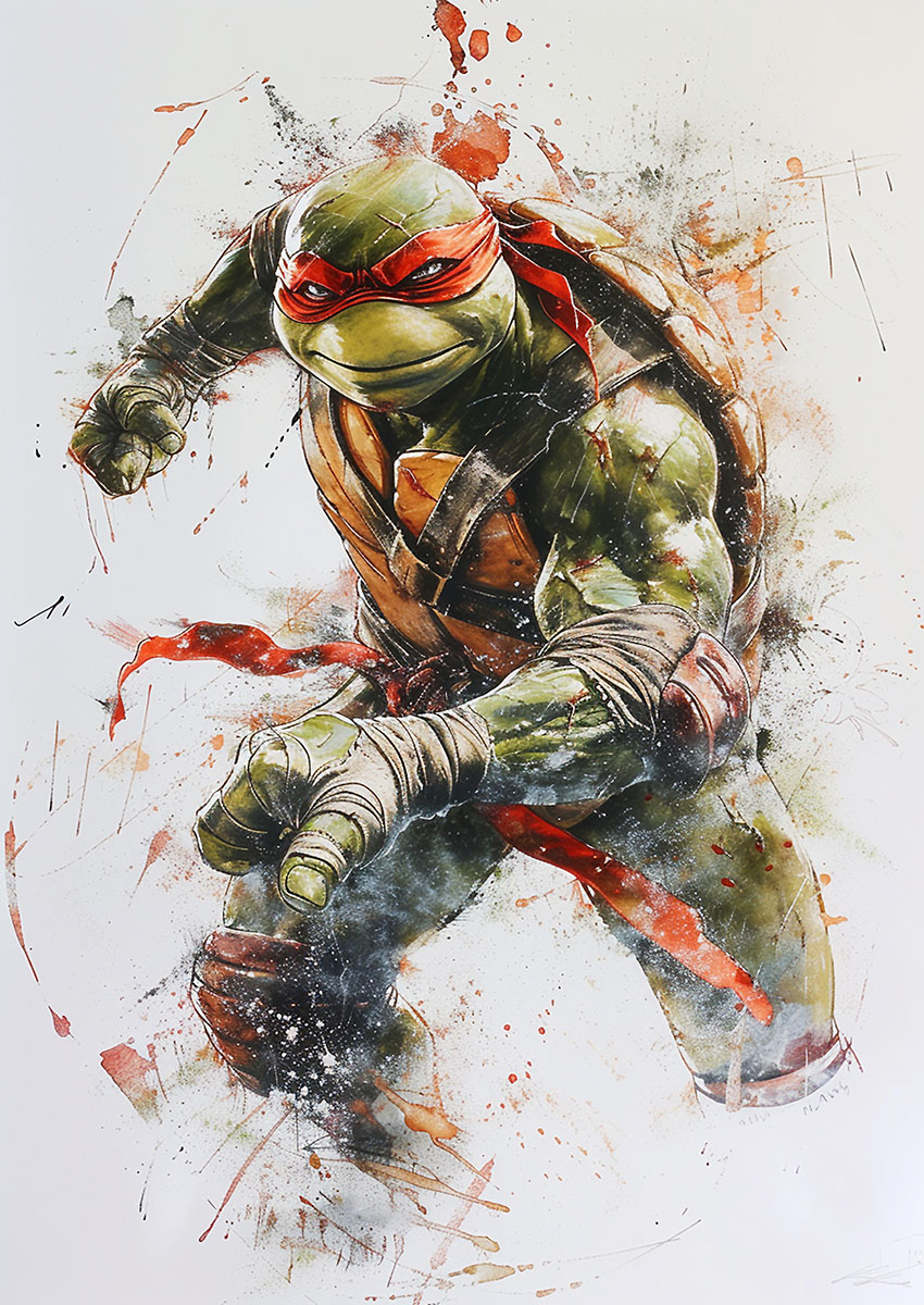 Dynamic artwork of a Raphael style Teenage Mutant Ninja Turtle in action, featuring splashes of colour and movement.